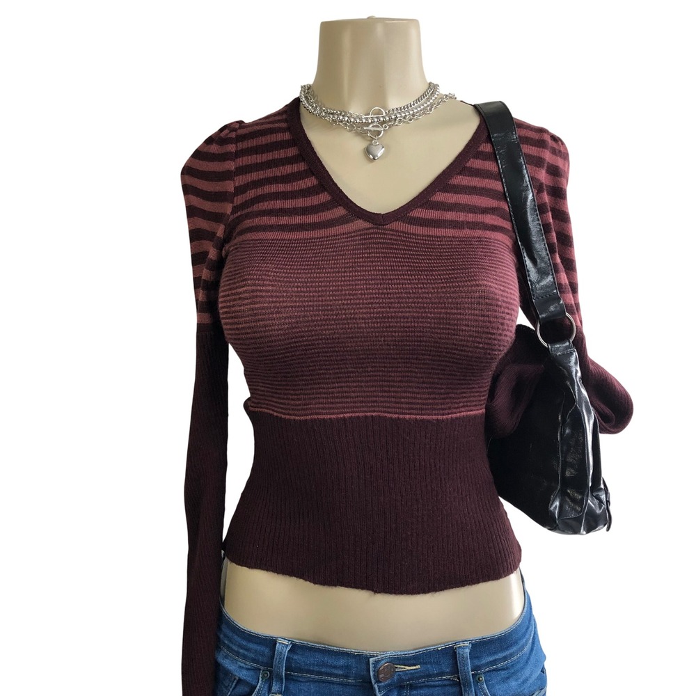 Vintage Y2K Striped V-Neck Knit Sweater Top Maroon Burgundy England Womens 4 (S)